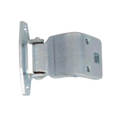 A close up of a silver door hinge car part for the upper left side of 66-70 B-Body types.