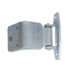 A close up of a silver door hinge car part for the upper right side of 66-70 B-Body types