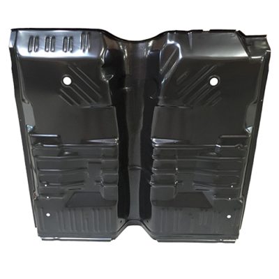 Bottom view of a black front floor pan car part- OE Style.