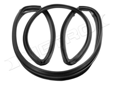 A rubber vulcanised windshield seal car part for selected 68-70 Dodge and Plymouth car models.